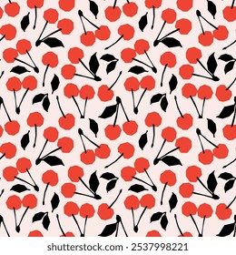 Red cherry and black leaves seamless pattern. Background with cute berries for fabric, packaging, textile, wallpaper, postcard, paper gift, phone case.