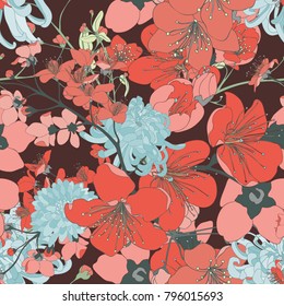 Red Cherry Blossom Seamless Vector Pattern