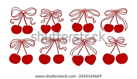Red Cherry Bow Coquette Ribbon Vector Set with Cute Heart Shapes. Romantic Cherries Symbol for Vintage Valentine Print, Cartoon Doodle Set or Sweet Aesthetic Design.