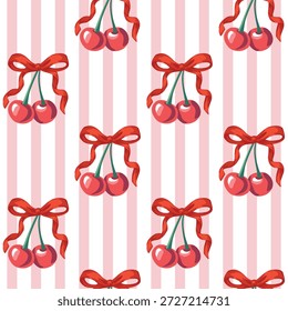 Red cherry with bow, pink striped background seamless pattern. Summer fruit wallpaper.	