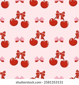 Red cherry and bow seamless pattern on pink background for fabric, baby clothes.