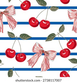 Red cherry, bows, striped background. Vector illustration. Seamless pattern. Summer trendy design. Garden berries