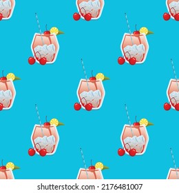 Red cherry cocktail seamless pattern background with cocktail glasses and blue hawaii background, CMYK color EPS flie.