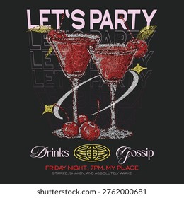 Red Cherry Cocktail Stipple Art Illustration, Vintage Dotted Let's Party Poster Design with Drinks and Gossip Typography on Dark Background for Bar Menu and Friday Night Flyers.