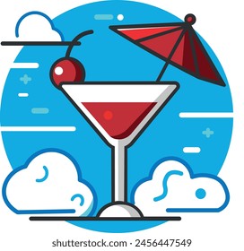 A red cherry cocktail with an umbrella against a blue sky background