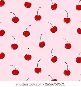 Patrón sin fisuras de coqueta de cereza roja. Estampado de moda con cerezas, fondo de verano de frutas para papel de regalo, textil, Fondo de pantalla. Textura de Vector.