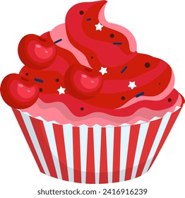 Red cherry cupcake with sprinkles in striped wrapper. Dessert with whipped cream topping. Cute sweet food vector illustration.