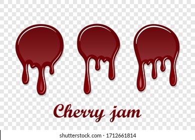 Equipo 3D de confitura de cerezo rojo. Mermelada dulce de Berry aislado fondo blanco transparente. Perforaciones que fluyen por la mancha. Deja un diseño realista. Jarabe fresa salsa fundida salpicadura Vector ilustración