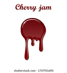 Red cherry drip confiture 3D. Berry sweet jam spot isolated white background. Drips flowing down stain. Drop realistic design. Syrup of strawberry melted sauce. Tomato splash. Vector illustration
