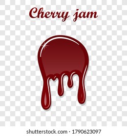 Red cherry drip confiture 3D. Berry sweet jam spot isolated white transparent background. Drips down stain. Drop realistic design. Syrup strawberry melted sauce. Tomato splash. Vector illustration