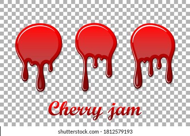 Juego 3D de confitura de goteo de cerezo rojo. Mermelada dulce de cerezo aislada fondo transparente blanco. Las gotas fluyendo por la mancha. Deja de lado el diseño realista. Jarabe fresa salsa fundida salpicadura Vector ilustración