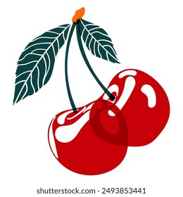 Cereza roja. El efecto de la impresión de risogramas. Elemento de diseño para carteles, postales, tarjetas de felicitación, Fondos de pantalla, telas, camisetas, logotipos