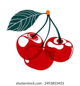 Red cherry. The effect of risograph printing. Design element for posters, postcards, greeting cards, wallpapers, fabrics, t-shirts, logos