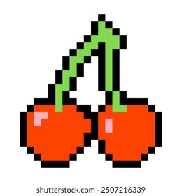 Red cherry emoji. Pixel art vector icon. Isolated on white background. Vintage 8-bit texture. Minimalistic pixel graphics. Fruit symbol. Old style. 80s,90s video game object design.