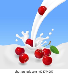 Red cherry falling into the milk splash or yogurt. Vector illustration