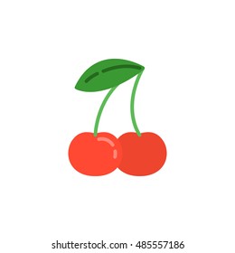 red cherry flat icon. Two cherries with leaf