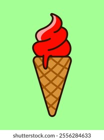 Red cherry flavored melted ice cream with waffle cones. Ice cream cartoon with strawberry, red velvet and red bean flavors