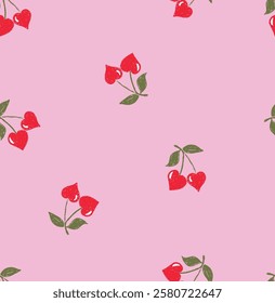 red cherry fruit with green leaves on pink ground. Heart shaped red cherry. Seamless vector pattern. pretty cute girly fashion pattern. sketchy hand drawn illustration. Repeat pattern. valentines day.