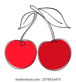 Red cherry fruit illustration with continuous line art