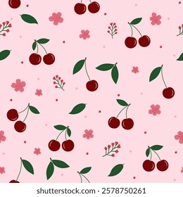 Red cherry fruit seamless pattern with green leaves and pink flowers, on pink background vector.