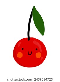 Red Cherry With Green Leaf. Cute Hand drawn Cartoon of Funny One Cherry on a White Background. Infantile Style Vector Print with Kawaii Fruit. Smiling Cherry. Nursery Art with Happy Fruit. RGB.