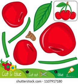 Red cherry with green leaf. Education paper game for preshool children. Vector illustration.