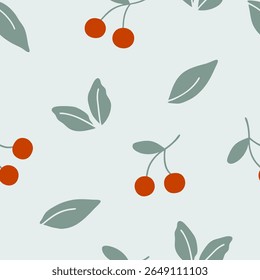 Red cherry and green leaf pattern on pale background seamless pattern for fabric, textiles, clothing, wallpaper, cover, banner, home decor, florals backgrounds
