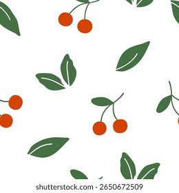 Red cherry and green leaf pattern on pale background seamless pattern for fabric, textiles, clothing, wallpaper, cover, banner, home decor, florals backgrounds