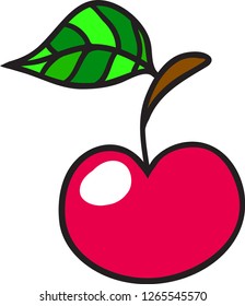 Red cherry with green leaf. Vector illustration.