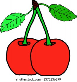 Red cherry with green leaves