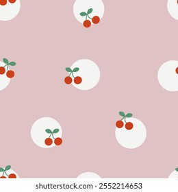 Red cherry, green leaves and circle seamless pattern vector. Cute cartoon fruit, little cherries repeat pattern for fabric, wrapping, textile, wallpaper, card, paper gift, phone case.