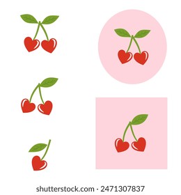 Red cherry with green leaves icon sign isolated on white background vector. Heart shape cherry on pink label vector.