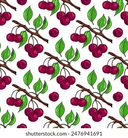 Rote Kirsche und grüne Blätter. Nahtloses Muster. Vektorillustration.