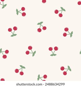 Cereza roja y hojas verdes de Vector sin fisuras. Fruta linda de la historieta, pequeña cerezas repiten el patrón para la tela, envoltura, textil, Fondo de pantalla, tarjeta, regalo de papel, caja del teléfono.