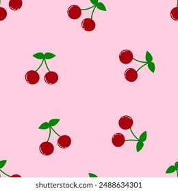 Cereza roja y hojas verdes de Vector sin fisuras. Fruta linda de la historieta, pequeña cerezas repiten el patrón para la tela, envoltura, textil, Fondo de pantalla, tarjeta, regalo de papel, caja del teléfono.