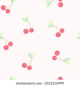 Red cherry and green leaves seamless pattern vector. Cute cartoon fruit, little cherries repeat pattern for fabric, wrapping, textile, wallpaper, card, paper gift, phone case.