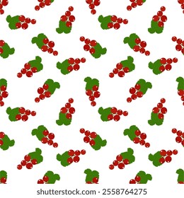 Red cherry and green leaves seamless pattern vector. Cute cartoon fruit, little cherries repeat pattern for fabric, wrapping, textile, wallpaper, card, paper gift,