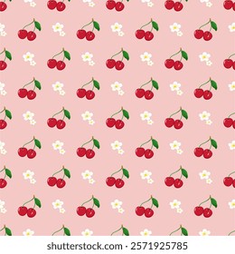 Red cherry and green leaves seamless pattern vector.