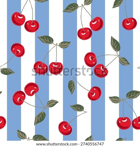 Red cherry, green leaves, striped background. Vector illustration. Seamless pattern. Summer trendy design