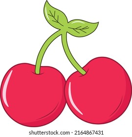 Red Cherry with Green Leaves Vector Illustration