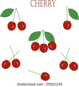 Red cherry, green roots. leaves, on white background, hand drawing. Design element, healthy eating, fruits, organics, package design, product package, product label, design elements, clip art, vector