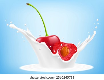 Red cherry and half of cherry with pit are falling in splash of yogurt or milk, cocktail splash with drops, Milkshake splash with ripe red cherries. Realistic 3d vector illustration