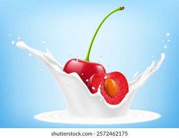 Red cherry and half of cherry with pit are falling in splash of yogurt or milk, cocktail splash with drops, Milkshake splash with ripe red cherries. Realistic 3d vector illustration