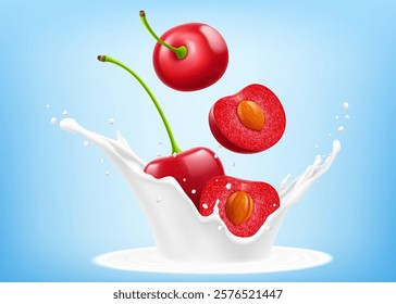 Red cherry and half of cherry with pit are falling in splash of yogurt or milk, cocktail splash with drops, Milkshake splash with ripe red cherries. Realistic 3d vector illustration