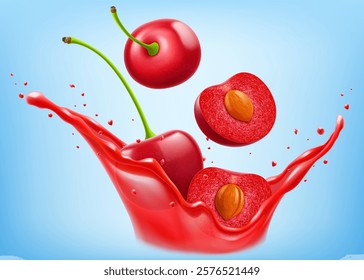 Red cherry and half of cherry with pit are falling in splash of yogurt or milk, cocktail splash with drops, Milkshake splash with ripe red cherries. Realistic 3d vector illustration