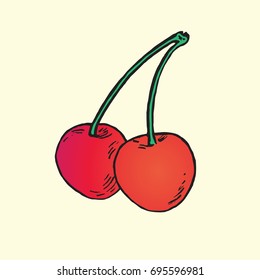 Red cherry, hand drawn doodle, sketch in pop art style, color vector illustration