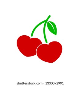 Red cherry in heart shape. Icon design. Vector illustration isolated on white background. 
