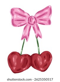 Cereja vermelha em forma de coração com arco rosa e fita em estilo coquette aquarela
