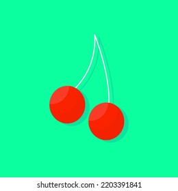 Red cherry icon isolated on green background. Sign symbol fresh fruit flat logo vector illustration