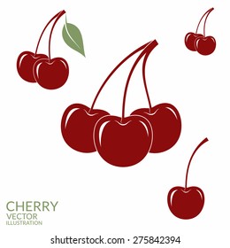 Red cherry icon set. Red berries vectro. Isolated cherries with leaves on white background. Vegetarian food sign. Vintage style fruit